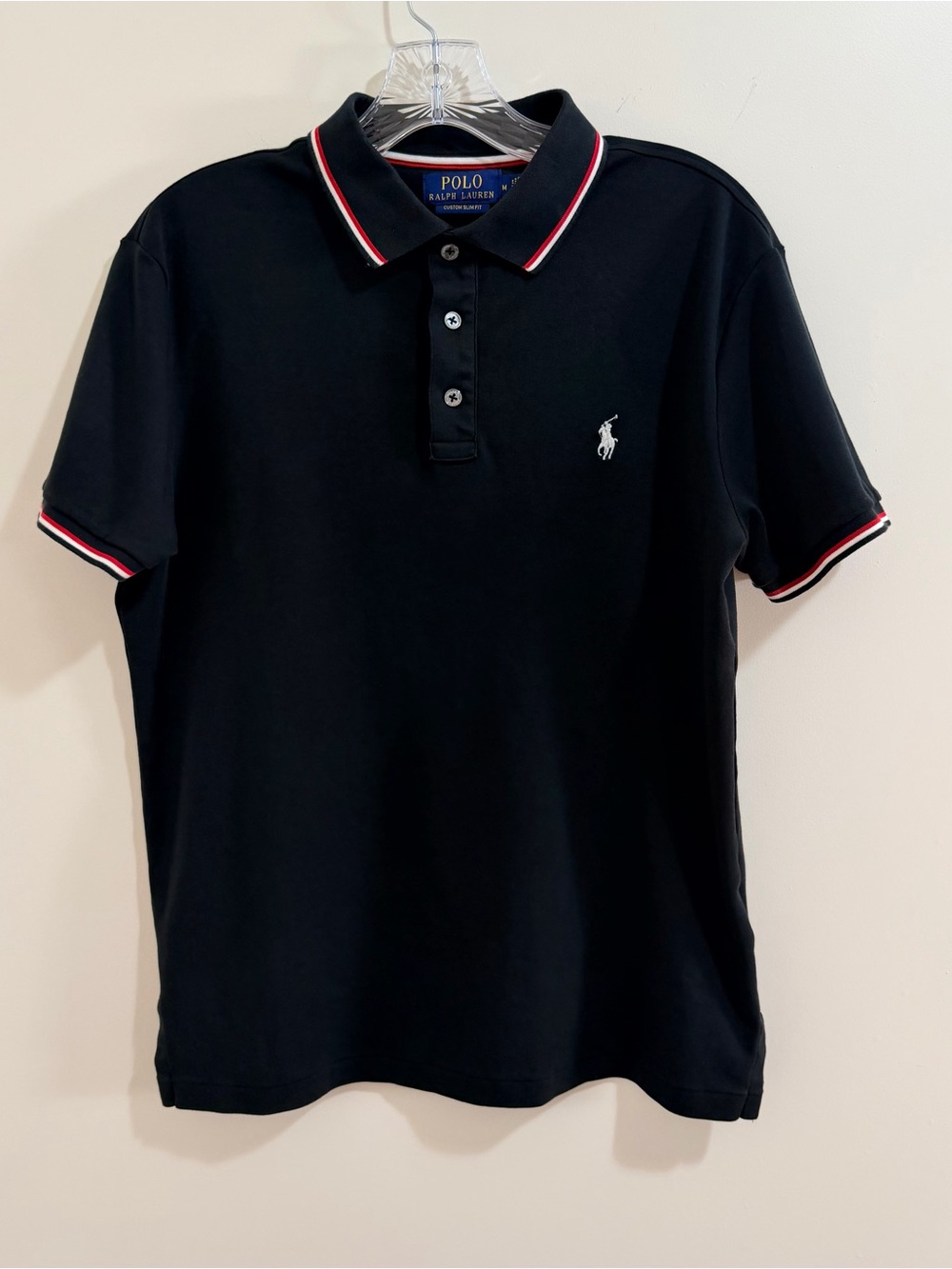 Polo Ralph Lauren Men’s Custom Slim Fit Black Polo Shirt Red White Trim M